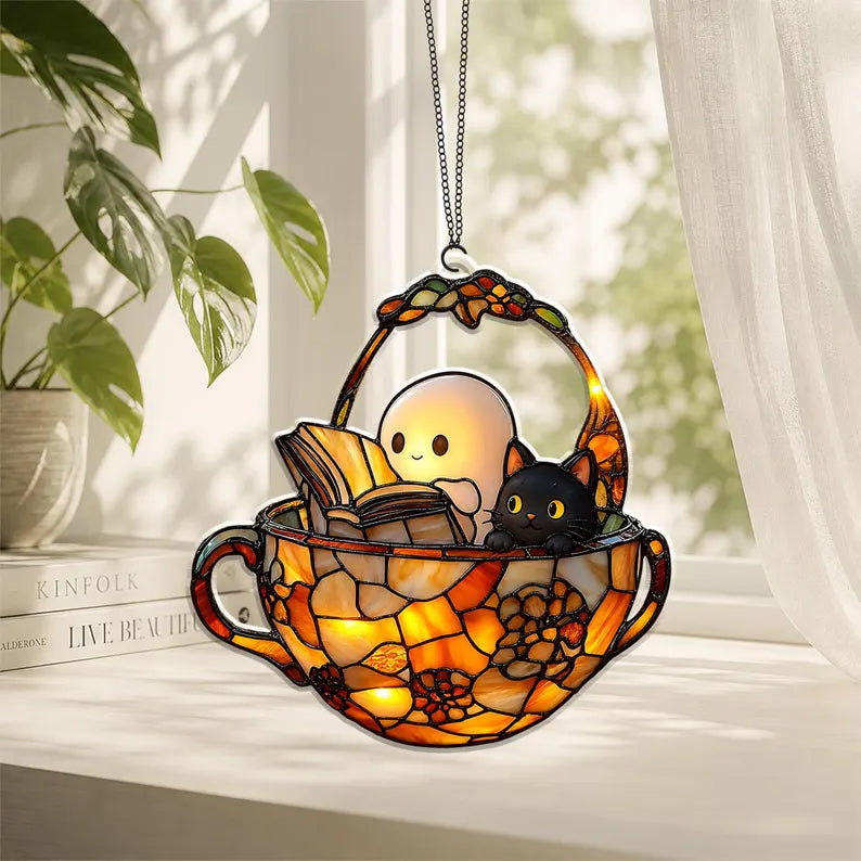 Cute Ghost Reading Book And Black Cat Acrylic Ornament, Halloween Window Hanging, Halloween Bookish Gift, Cat Lover Gift, Book Lover Gift. HSPETAL3