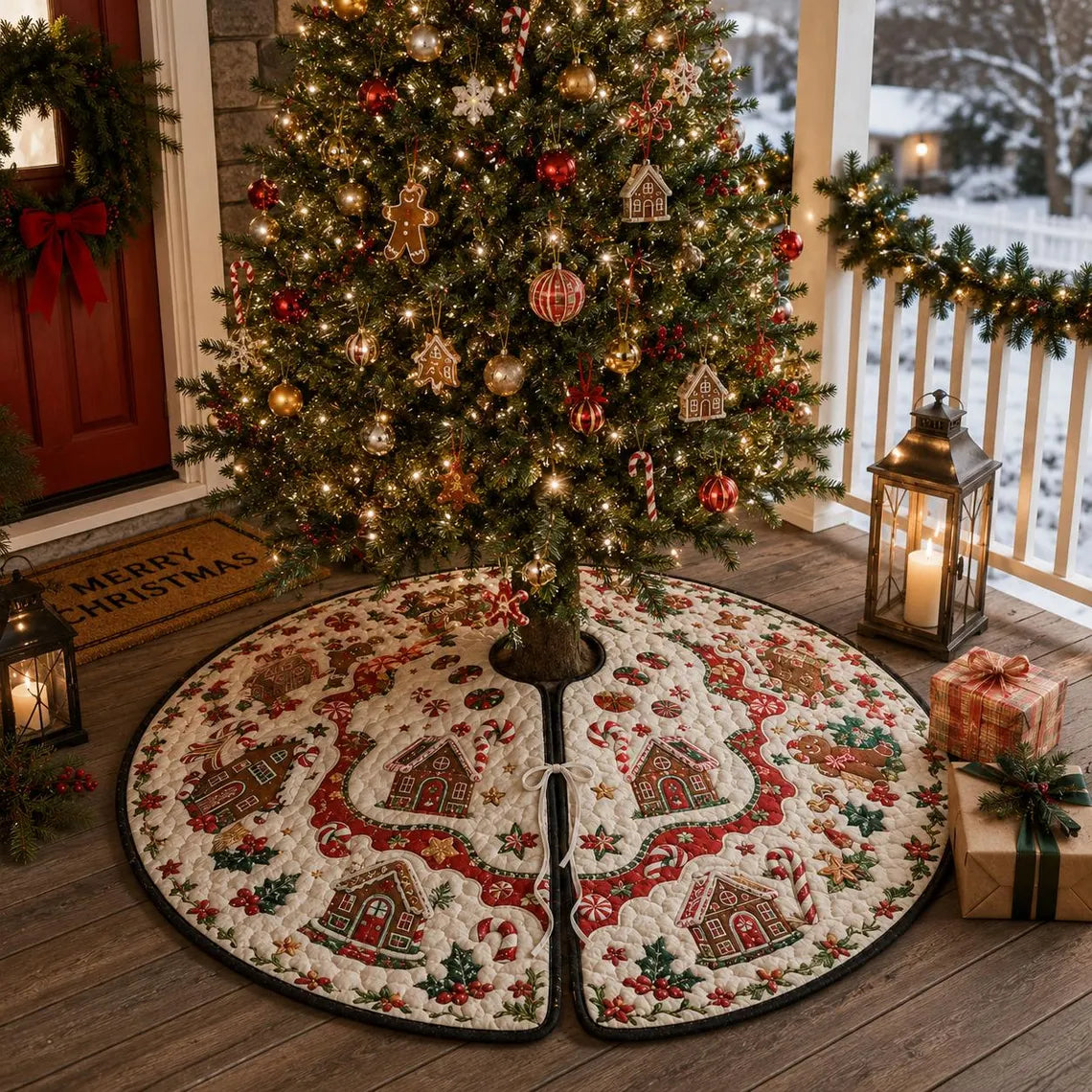 Candy Cane Xmas Tree Skirt, Quilted Christmas Tree Skirt, Gingerbread Christmas Tree Skirt, Vintage Holiday Tree Decor, Christmas Home Decor. CTSPETAL04