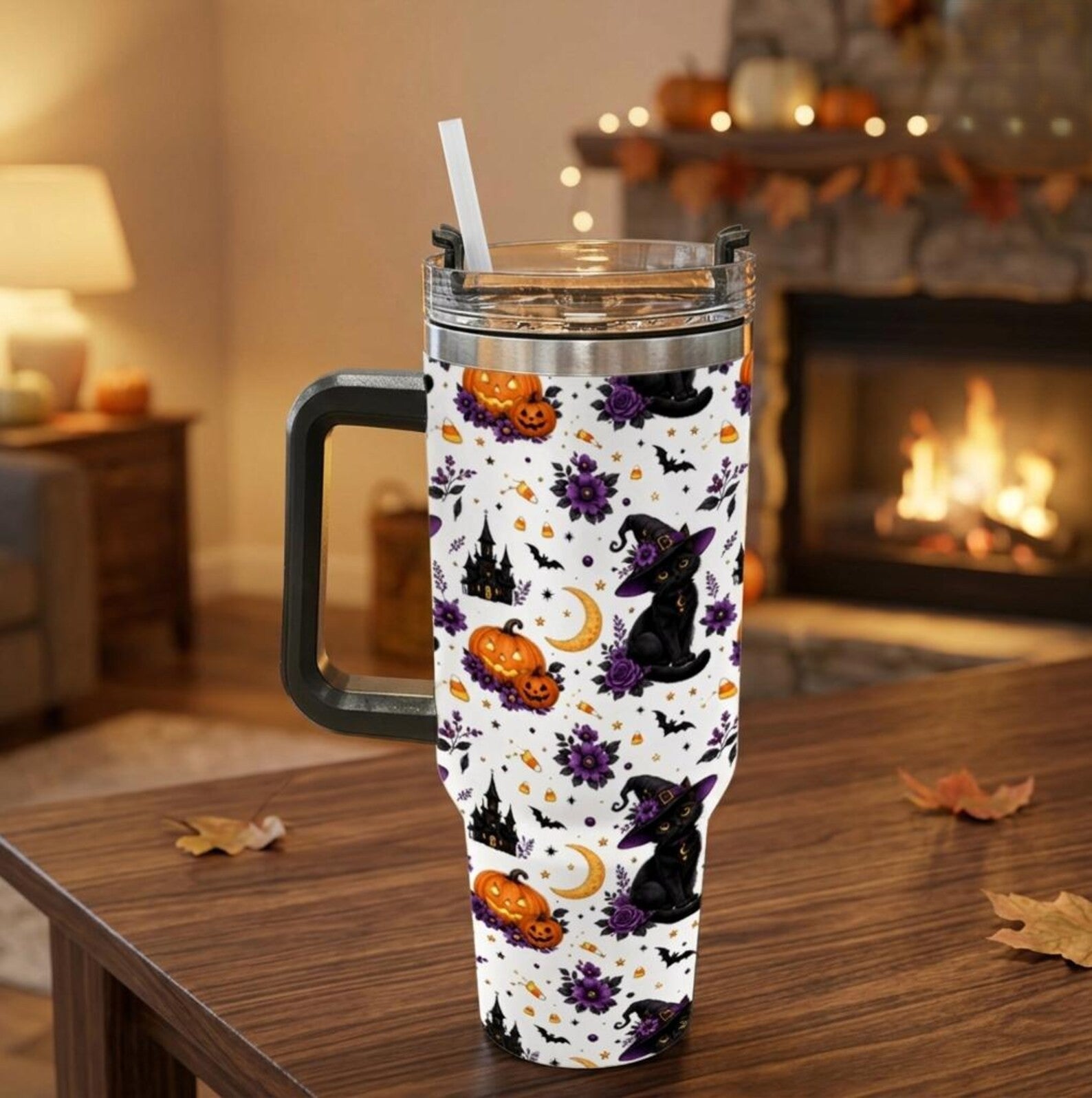 Cute Halloween Black Cat 40oz Tumbler with Handle, Witch Cat Pumpkin Bat Floral Stainless Steel Mug, Spooky Season Drinkware Gift. TBLPETAL2