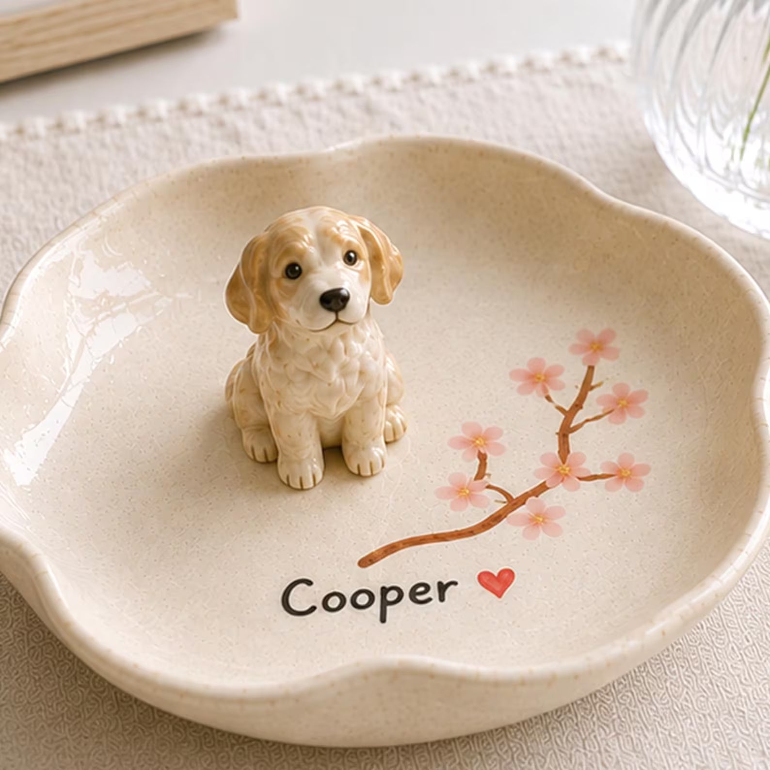 Personalized Dog Ring Dish, Ceramic Pet Jewelry Tray, Cherry Blossom Keepsake. CPPETAL14