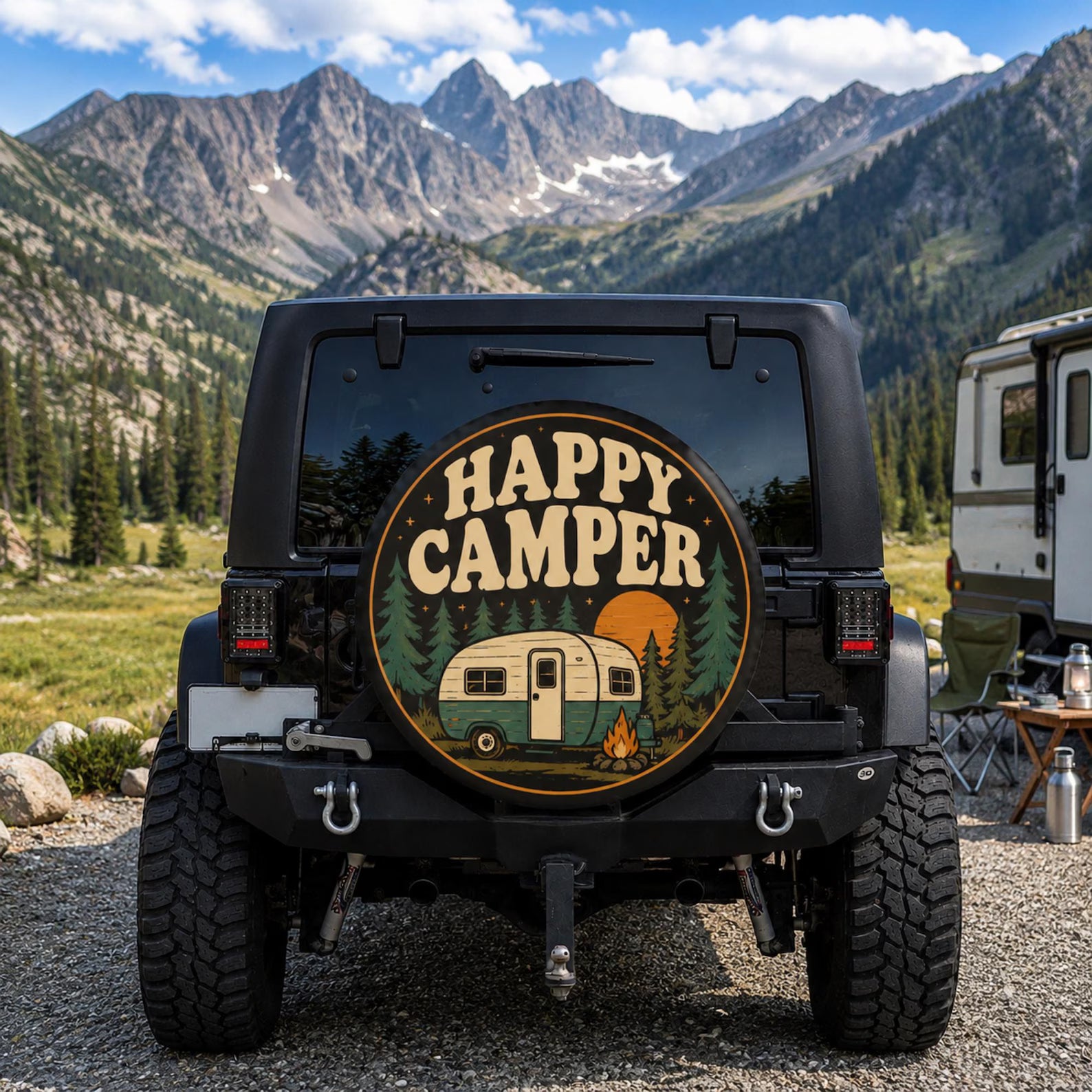 Happy Camper PVC Leather Spare Tire Cover, Fits Jeeps, Trailers, RVs, SUVs, Trucks & More, Vintage Camper Design, Camping Gift for Outdoor Lovers. TCPETAL11