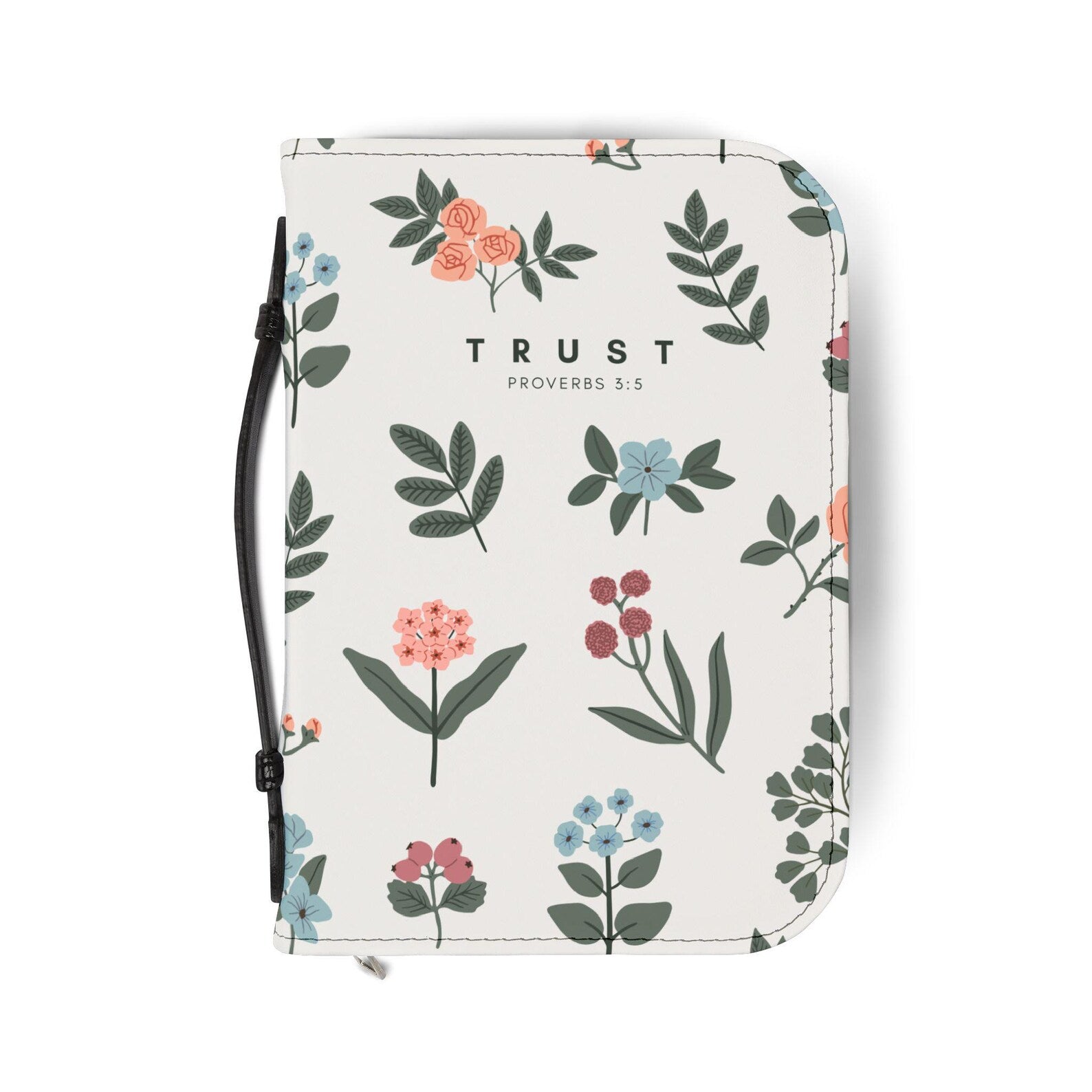 Floral Trust Bible Cover Case, Proverbs 3:5 Christian Gift, Personalized Bible Bag with Zipper. BCPETAL9