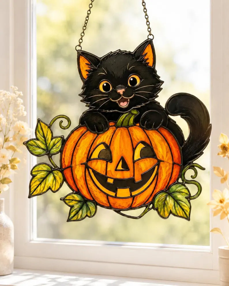 Black Cat And Pumpkin Acrylic Suncatcher, Black Cat Halloween Suncatcher, Halloween Window Hanging Decor, Cute Suncatcher Gift. HSPETAL1