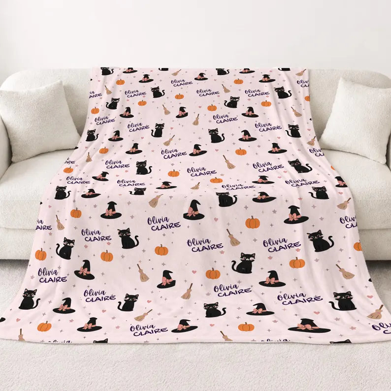 Personalized Halloween Baby Blanket | Custom Baby Name Blanket Black Cats Witch Hats | Baby's First Halloween Gift | Newborn Baby Shower. BLKPETAL6