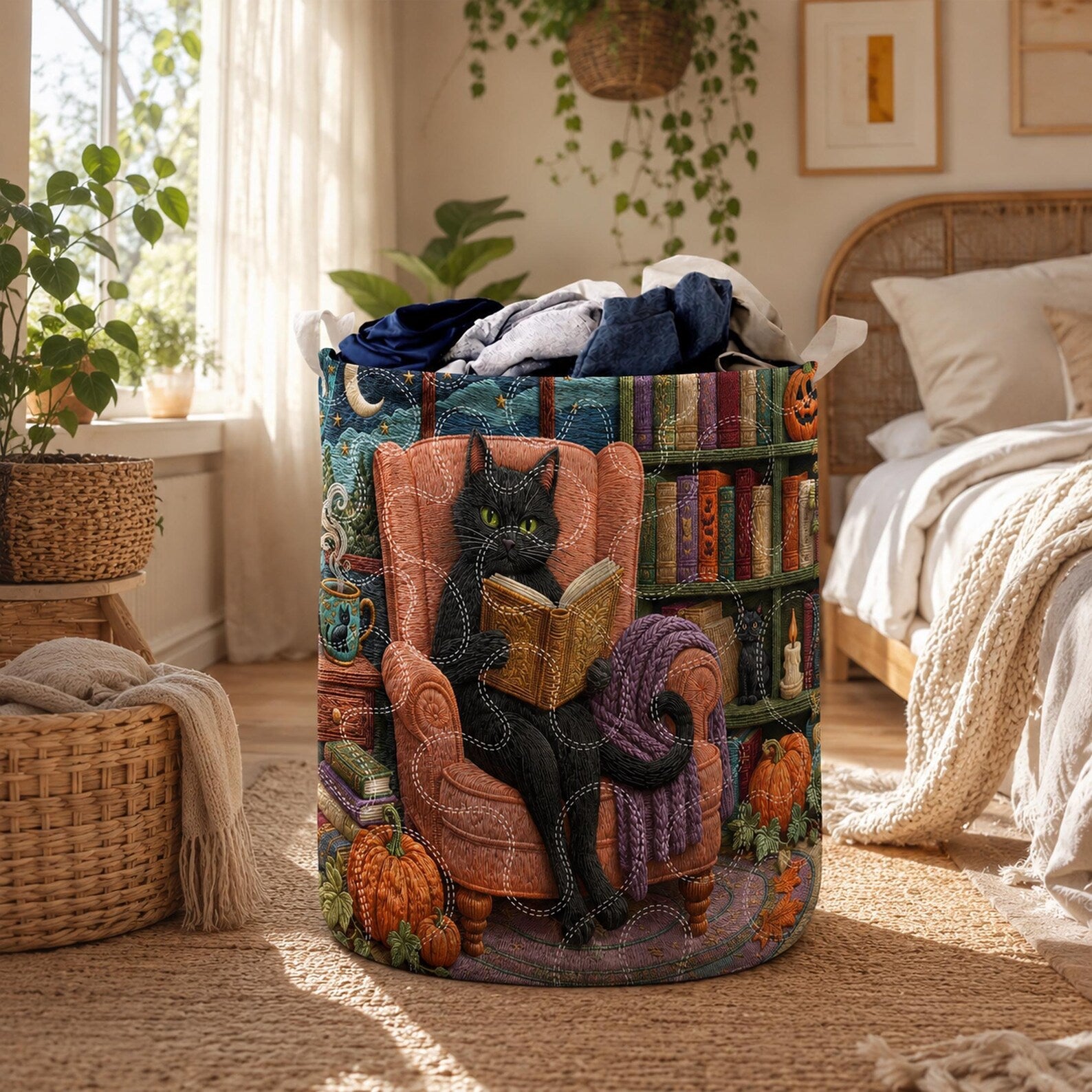 Black Cat Quilted Laundry Basket, Cozy Halloween Library Hamper, Cat Lover Laundry Bin, Whimsical Pet Fabric Storage Basket. HLWLBPETAL3