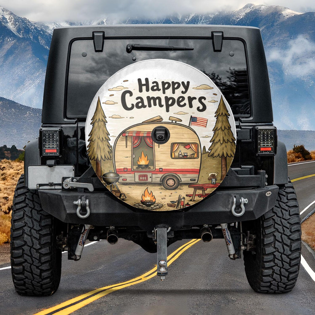 Happy Campers Spare Tire Cover, Vintage Camper RV Tire Cover, Camping Trailer Jeep Accessories, Outdoor Adventure Vehicle Gift. TCPETAL15