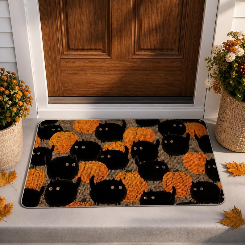Halloween Doormat Black Cat Pumpkin, Spooky Welcome Mat, Witch Decor, Front Door Rug Gift. DMPETAL17