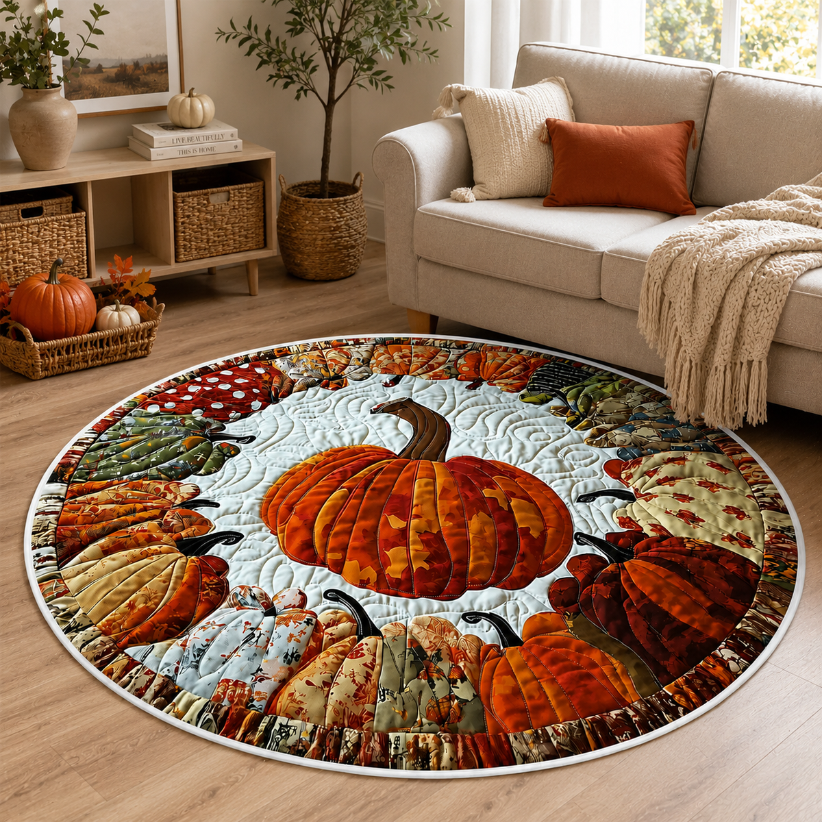 Round Pumpkin Rug, Fall Quilted Area Mat, Patchwork Thanksgiving Decor, Autumn Farmhouse Floor Decor, Halloween Home Gift. QRPETAL02