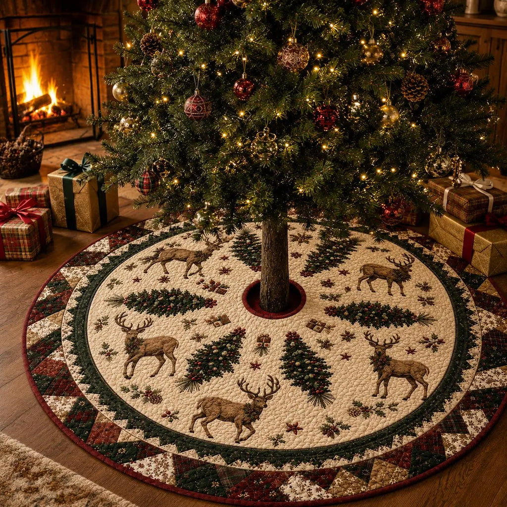 Deer and Pine Tree Decor, Reindeer Christmas Tree Skirt, Quilt Style Woodland Holiday Tree Mat, Rustic Farmhouse Christmas Decor. CTSPETAL02