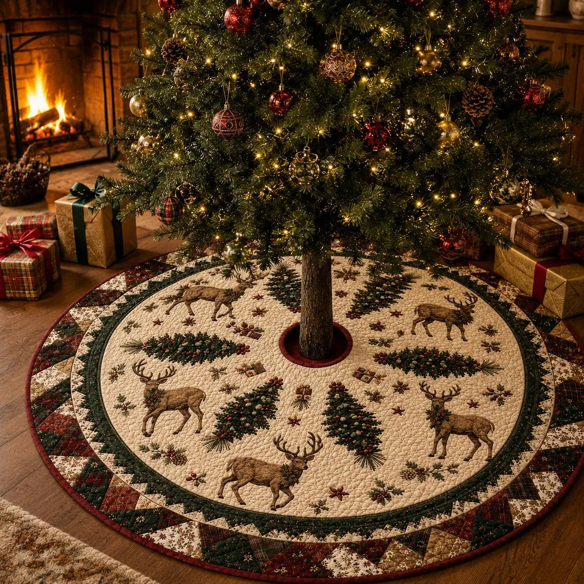 Deer and Pine Tree Decor, Reindeer Christmas Tree Skirt, Quilt Style Woodland Holiday Tree Mat, Rustic Farmhouse Christmas Decor. CTSPETAL02
