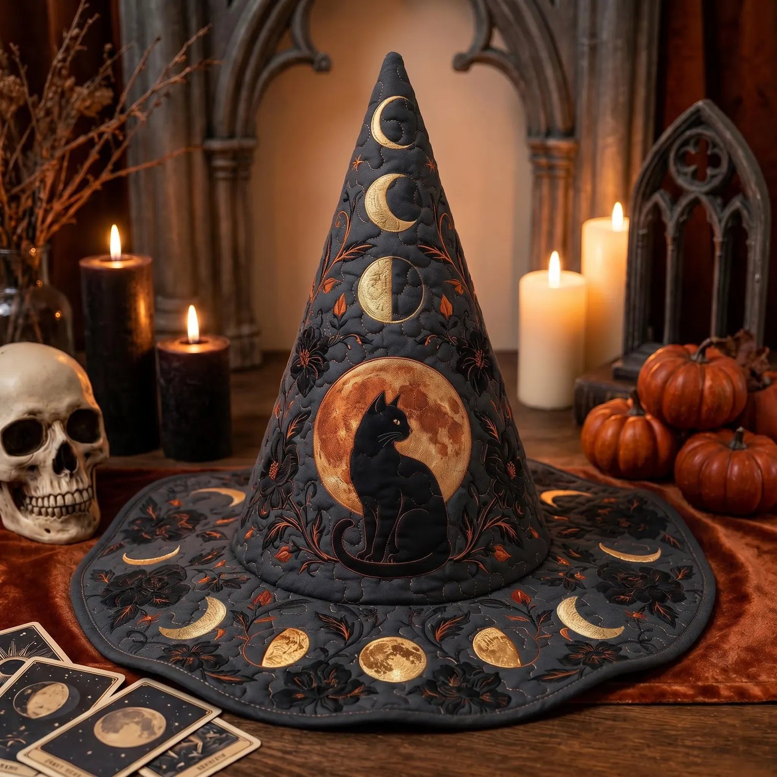 Quilted Witch Hat, Black Cat Moon Halloween Costume, Celestial Gothic Witchcore Accessory, Spooky Gift. QWHPETAL20