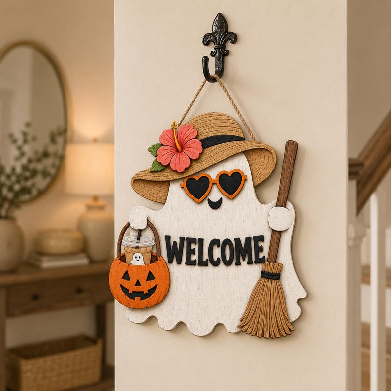 Halloween Summer Ghost Wood Door Sign with Welcome Text. HLWDHPETAL14