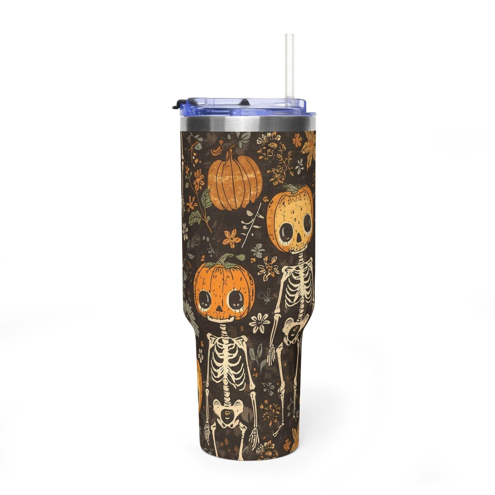 Funny Halloween Skeleton Pumpkin 40oz Tumbler With Handle Spooky Season Gift For Her Custom Fall Quencher Cup For Friends. TBPETAL1