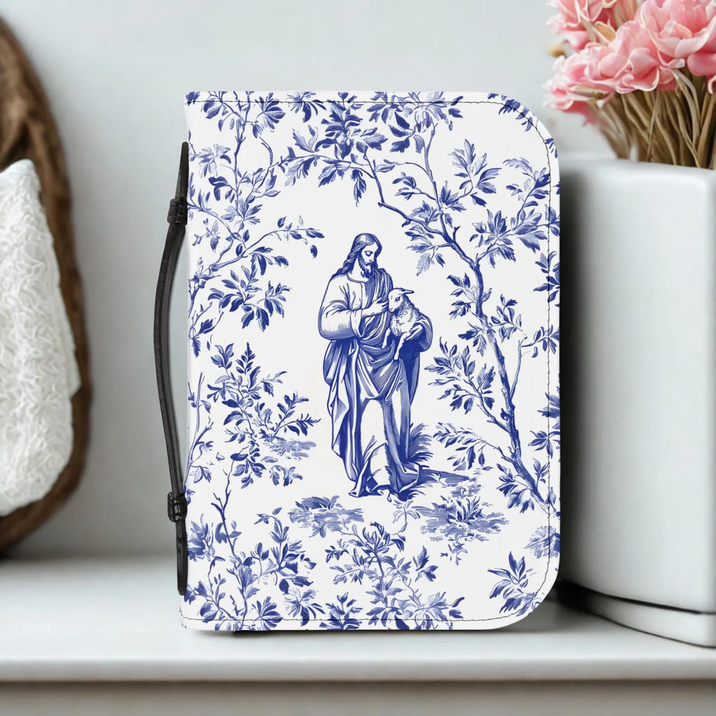 Jesus and Lost Lamb Blue Toile Bible Cover, Christian Bible Case with Handle, Jesus Lost Sheep French Toile Notebook Case Faith Gift for Mom. BCPETAL20