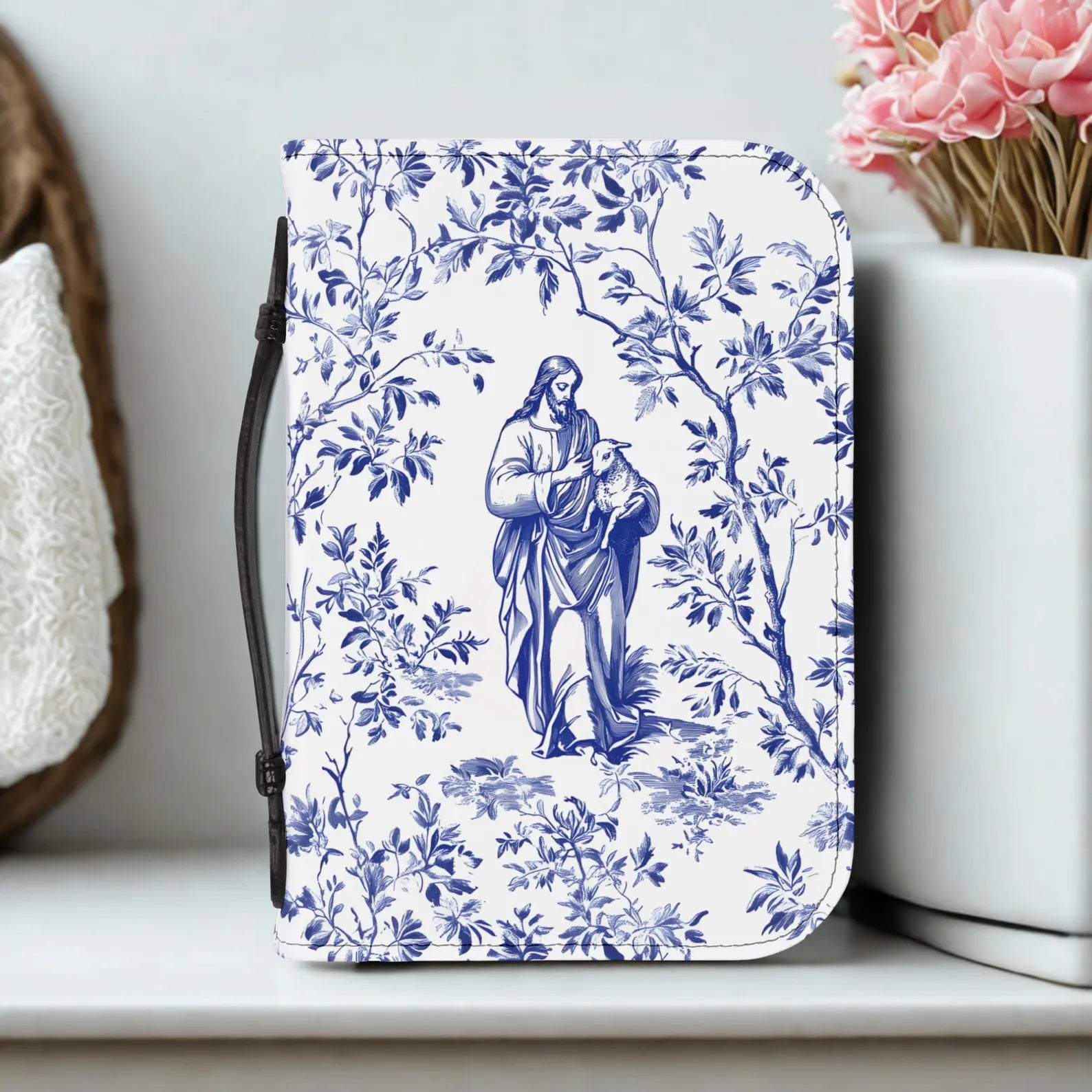 Jesus and Lost Lamb Blue Toile Bible Cover, Christian Bible Case with Handle, Jesus Lost Sheep French Toile Notebook Case Faith Gift for Mom. BCPETAL20