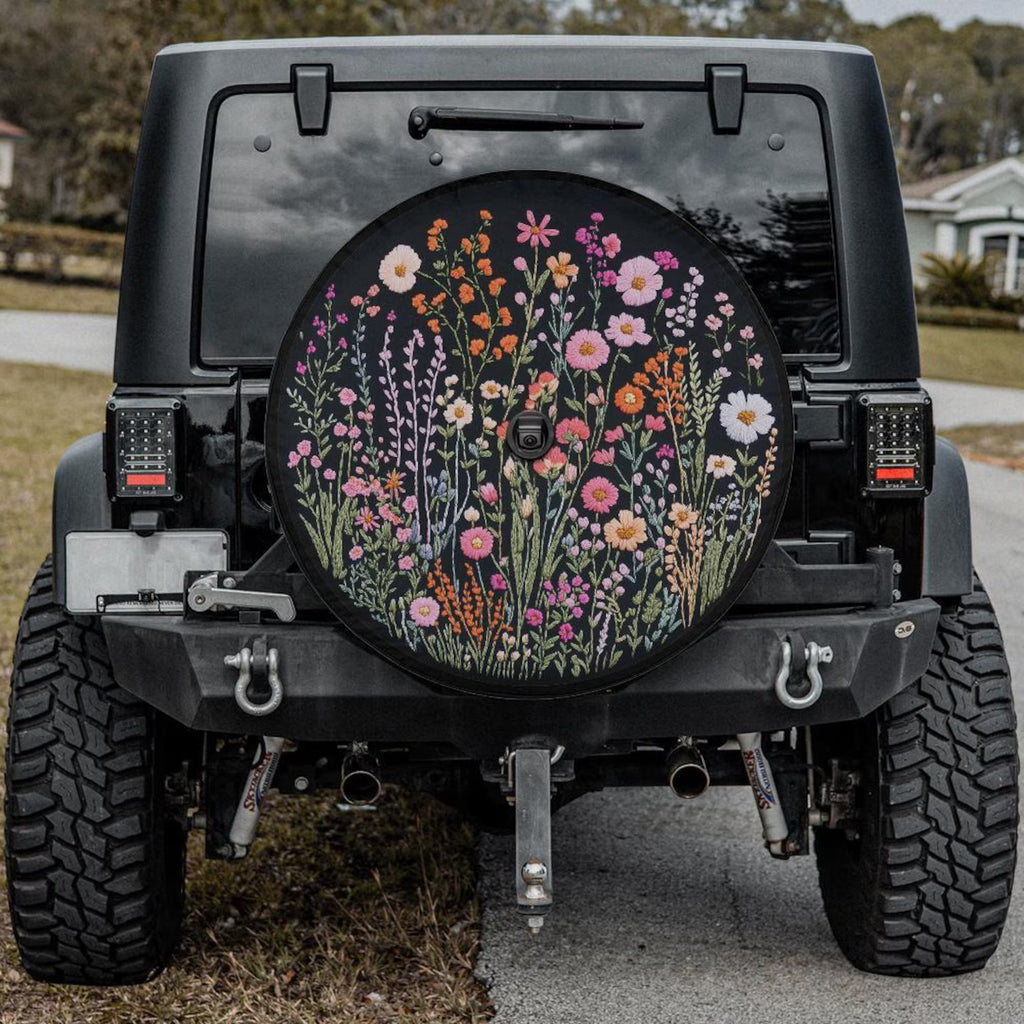 Wild Flowers Spare Tire Cover, Faux Embroidery Pastel Printed Grassy Botanicals Floral Wheel Unique Backup Camera Hole Trailer Back Women RV. TCPETAL10