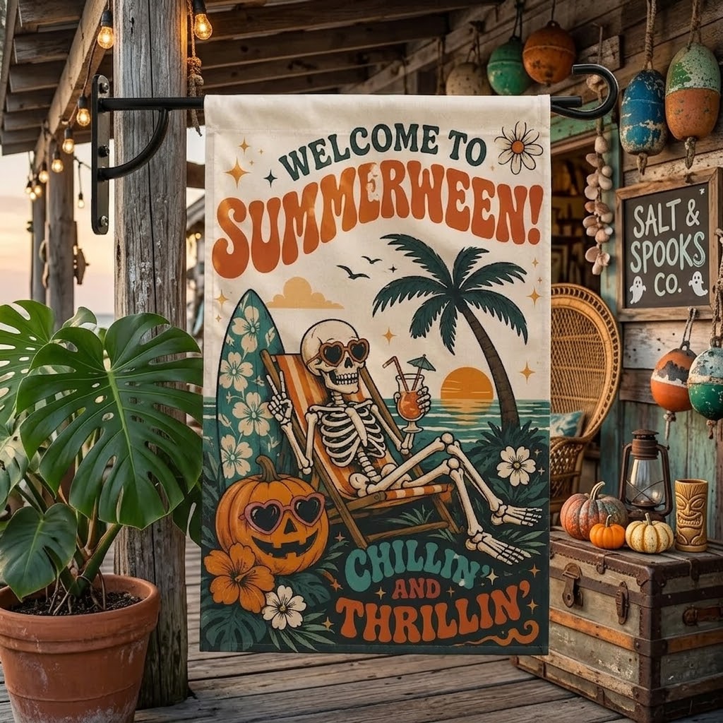 Summerween Garden Flag, Skeleton Halloween Beach Flag, Tropical Halloween Decor, Spooky Summer Yard Flag, Pumpkin Flag. HLWGFPETAL23