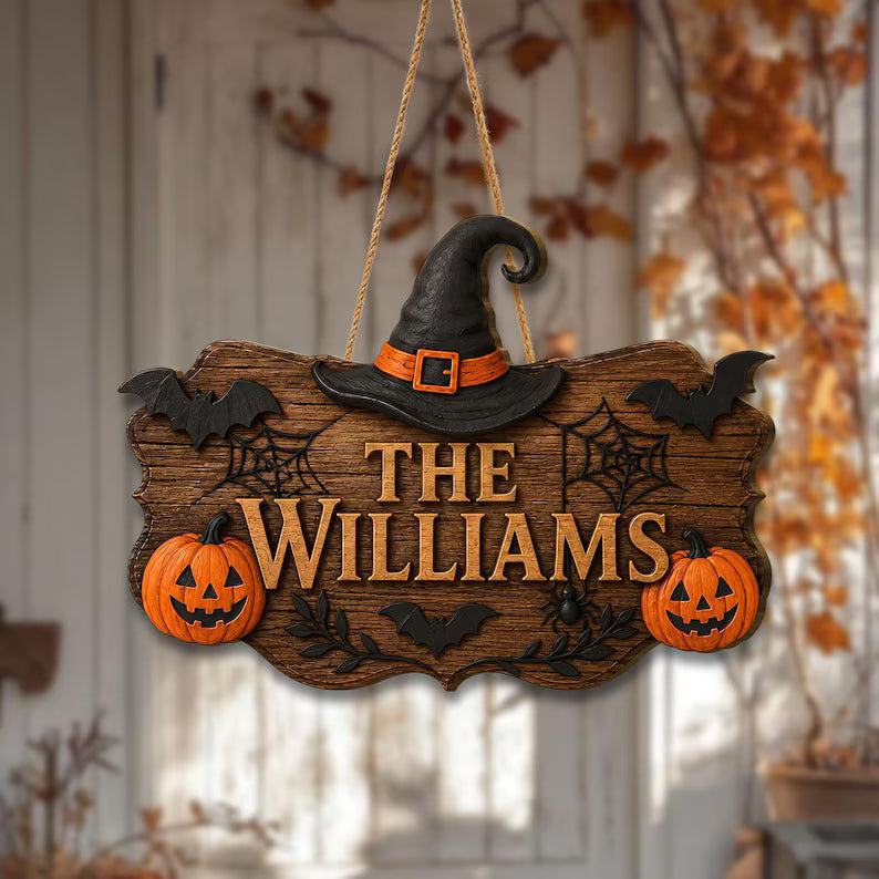 Personalized Halloween Door Sign, Custom Family Name Pumpkin Plaque, Haunted House Welcome Sign, Wooden Halloween Door Sign, Halloween Gift. HLWDHPETAL08