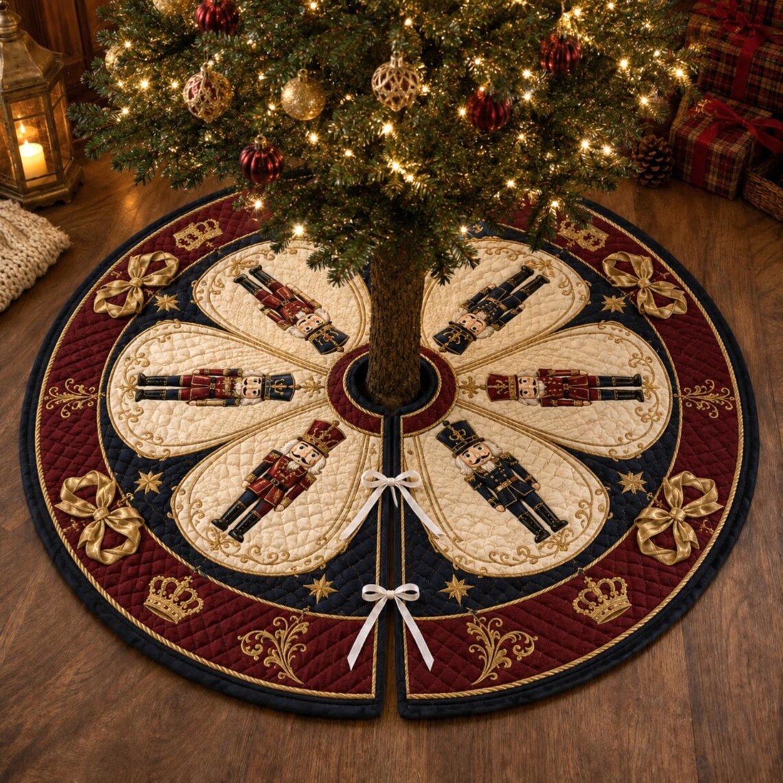 Nutcracker Christmas Tree Skirt, Quilted Holiday Tree Skirt, Royal Red Navy Gold Christmas Decor, Elegant Xmas Home Decor. CTSPETAL12