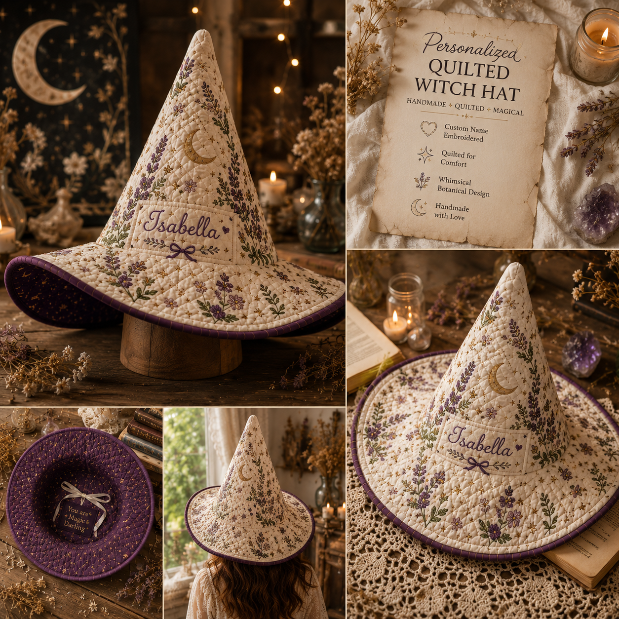 Personalized Quilted Witch Hat for Women – Custom Name Lavender Floral Cottagecore Halloween Witch Hat. QWHPETAL11
