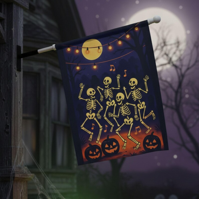 Dancing Skeletons Halloween Garden Flag, Funny Graveyard Party Decor, Spooky Skeleton Yard Sign. HLWGFPETAL3