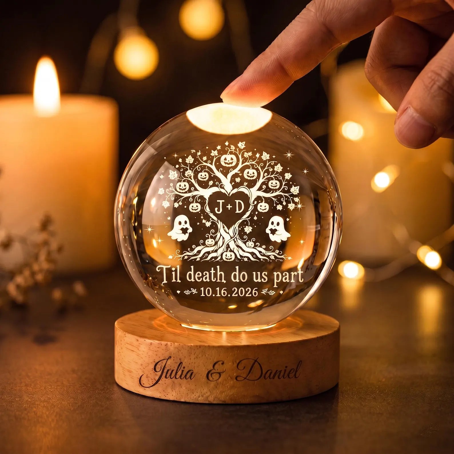 Custom Halloween Tree of Love Couple Crystal Ball Night Light, Wedding Gift for Couple, Spooky Couple LED Night Light, Halloween Home Decor. LEDPETAL6