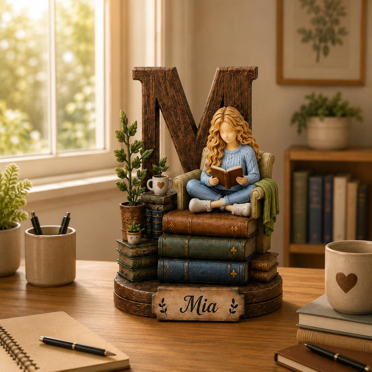Personalized Wooden Book Lover Figurine, Custom Initial Letter & Name Block, Reader Shelf Decor, Library Decoration, Book Lover Gift. WBPETAL7