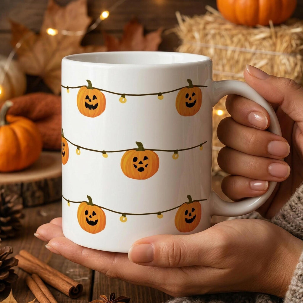 Jack O Lantern String Lights Mug, Cute Halloween Pumpkin Coffee Cup, Halloween Gift For Her, Spooky Season Mug, Cute Pumpkin Halloween Gift. MPETAL3