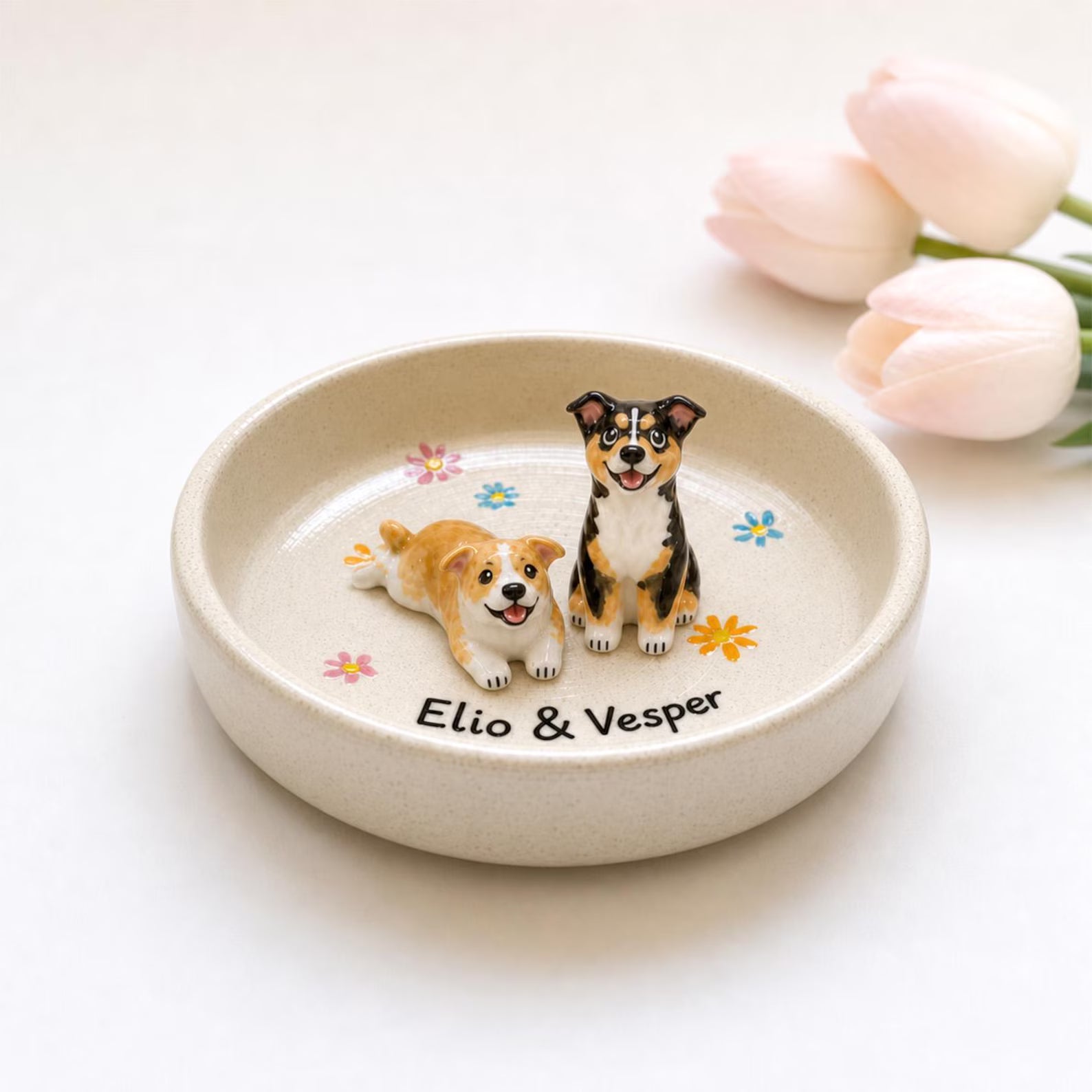Personalized Ceramic Pet Ring Dish, Handmade 3D Dog Cat Figure, Star Pattern Jewelry Tray. CPPETAL15