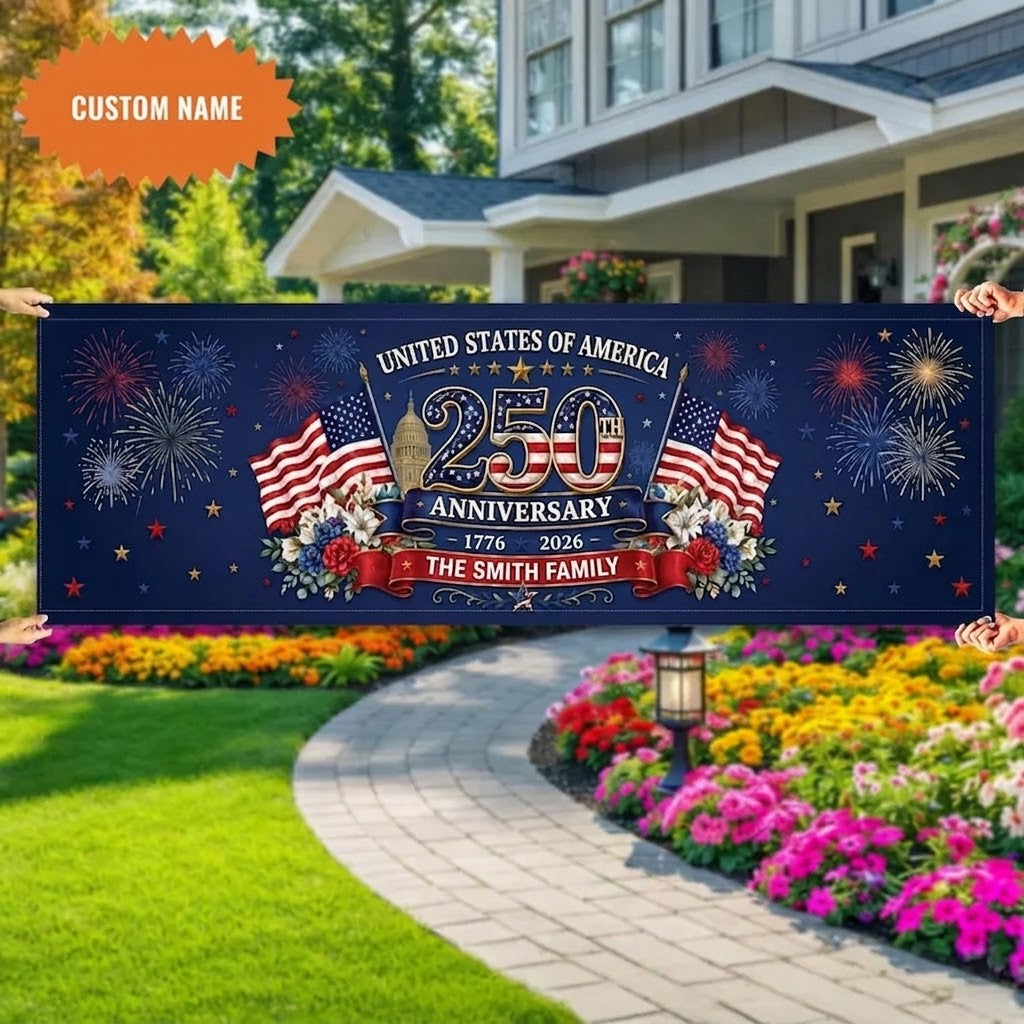 Personalized Patriotic 250th Anniversary Banner, Custom Family Name USA Decor BPETAL08