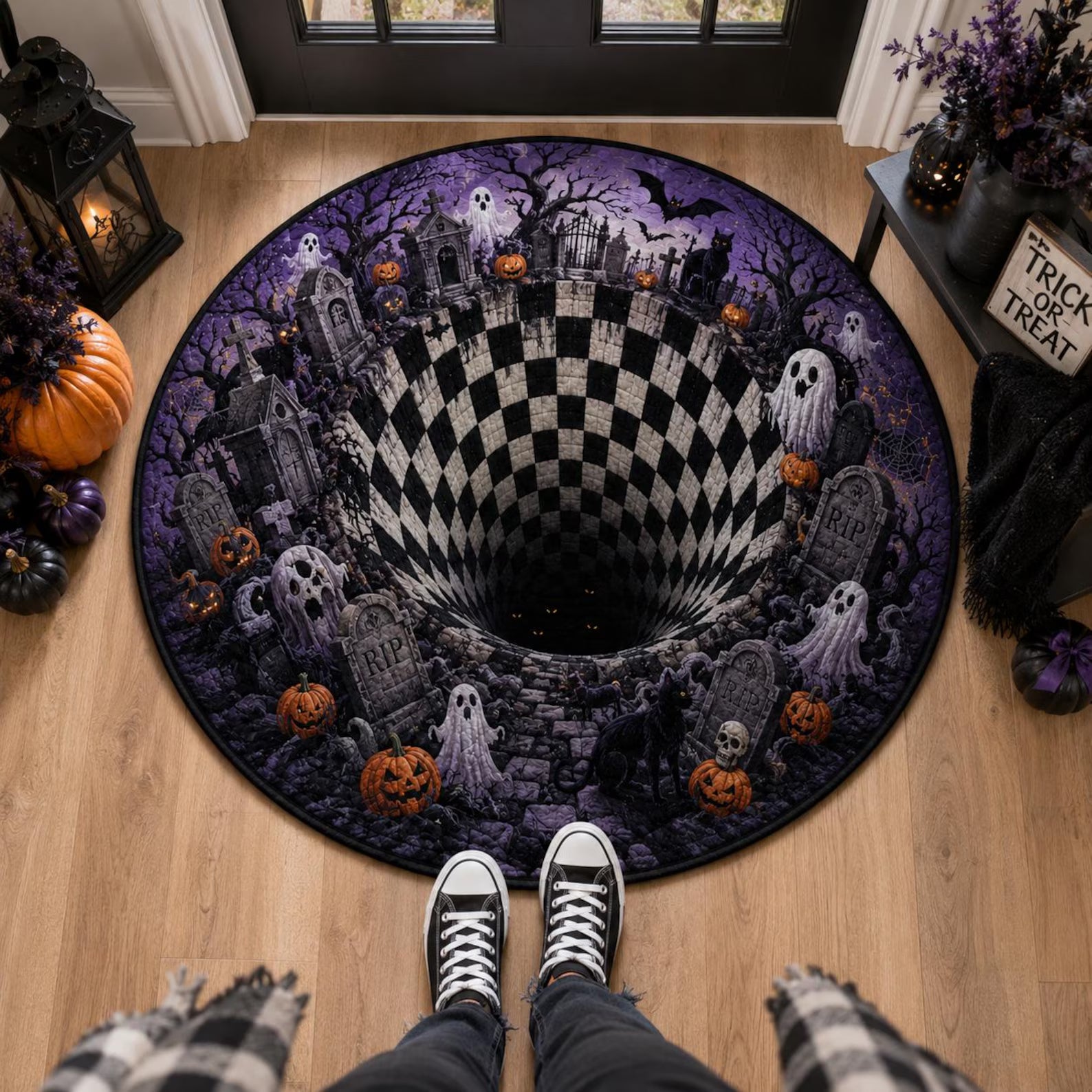 Halloween Quilted Rug, Spooky Graveyard Round Rug, 3D Illusion Floor Decor, Ghost Pumpkin Rug, Gothic Halloween Home Decor, Horror Gift. QRPETAL35