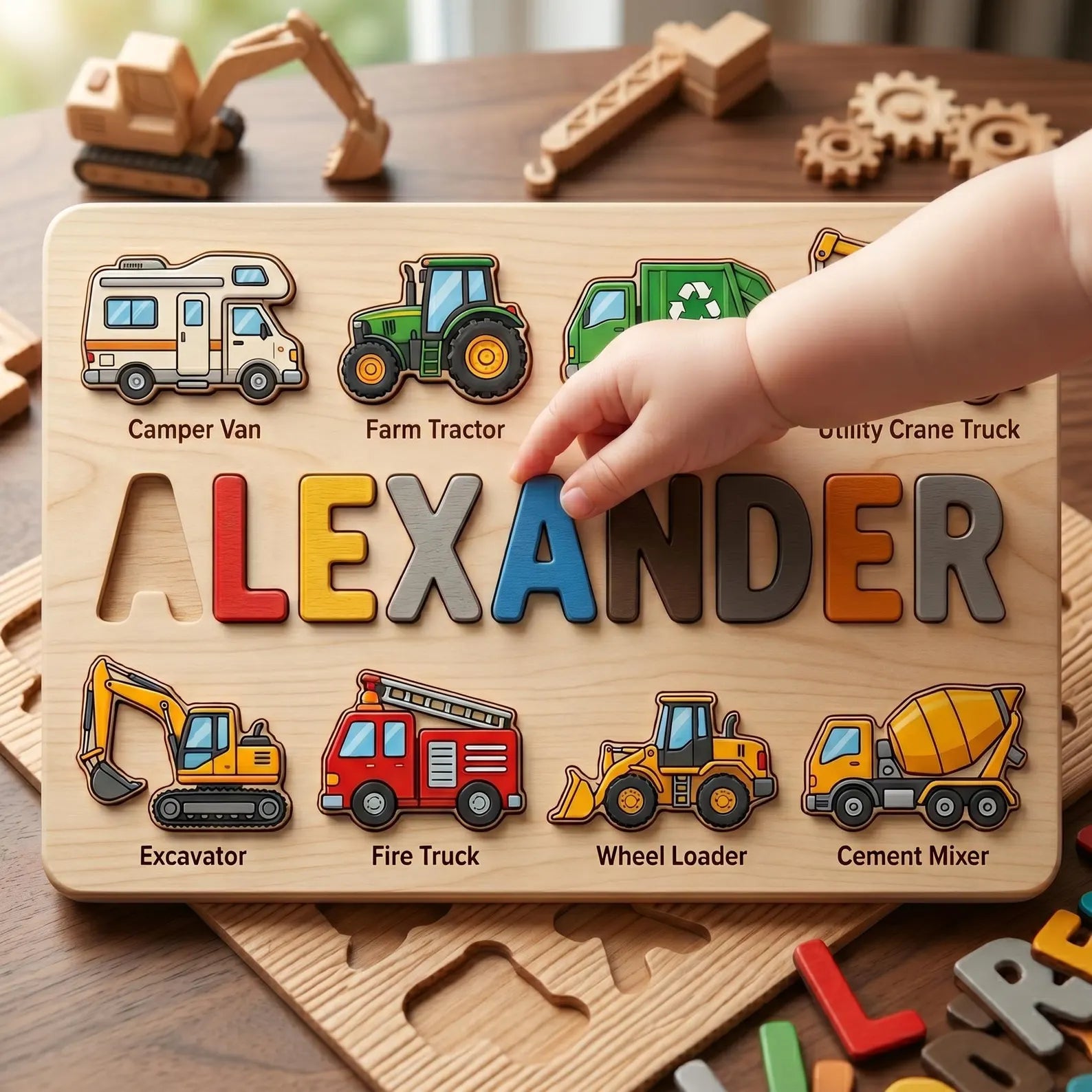 Personalized Vehicles Name Puzzle, Custom Wooden Construction Name Puzzle, Educational Montessori Truck Toy. NPPETAL14