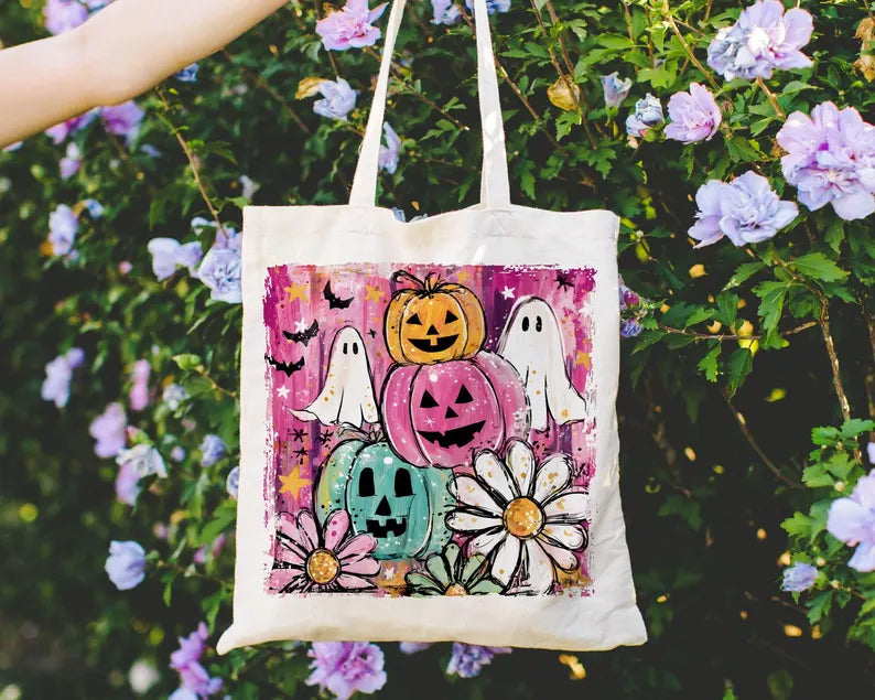 Happy Halloween Tote Bag Spooky Ghosts Canvas Handbag Gothic Haunted House Shoulder Shopping Bag Glowing Full Moon Graveyard Autumn Gift. HLWTBPETAL7
