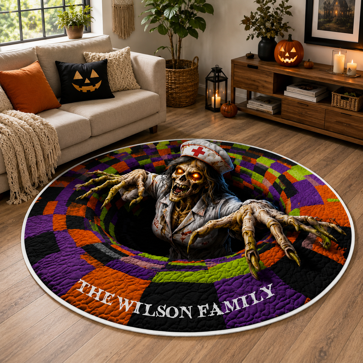 Personalized Halloween Round Quilted Floor Mat, Custom Zombie Nurse Rug, Spooky Horror Floor Cushion, Halloween Room Decor Gift. QRPETAL03