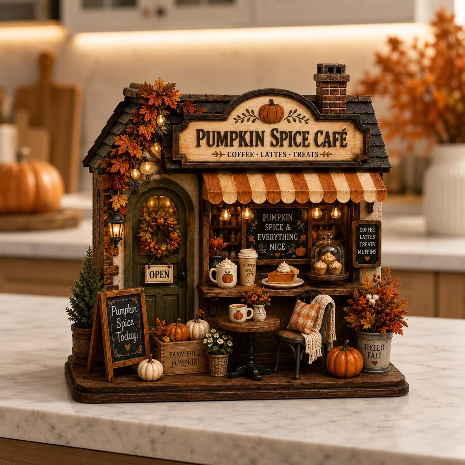 Door Hangers Personalized Autumn Coffee Shop Wooden Block, Custom Fall Café Shelf Decor, Rustic Harvest Village House, Cozy Thanksgiving Gift. WBPETAL8