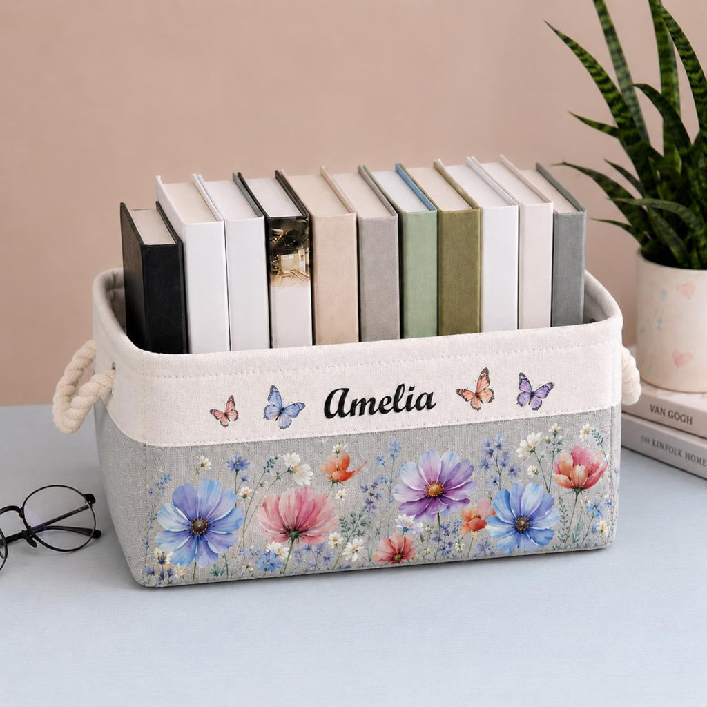 Personalized Teacher Book Storage Basket, Custom Name Classroom Organizer, Floral Butterfly Fabric Bin, Teacher Gift, Classroom Book Basket. BBPETAL9