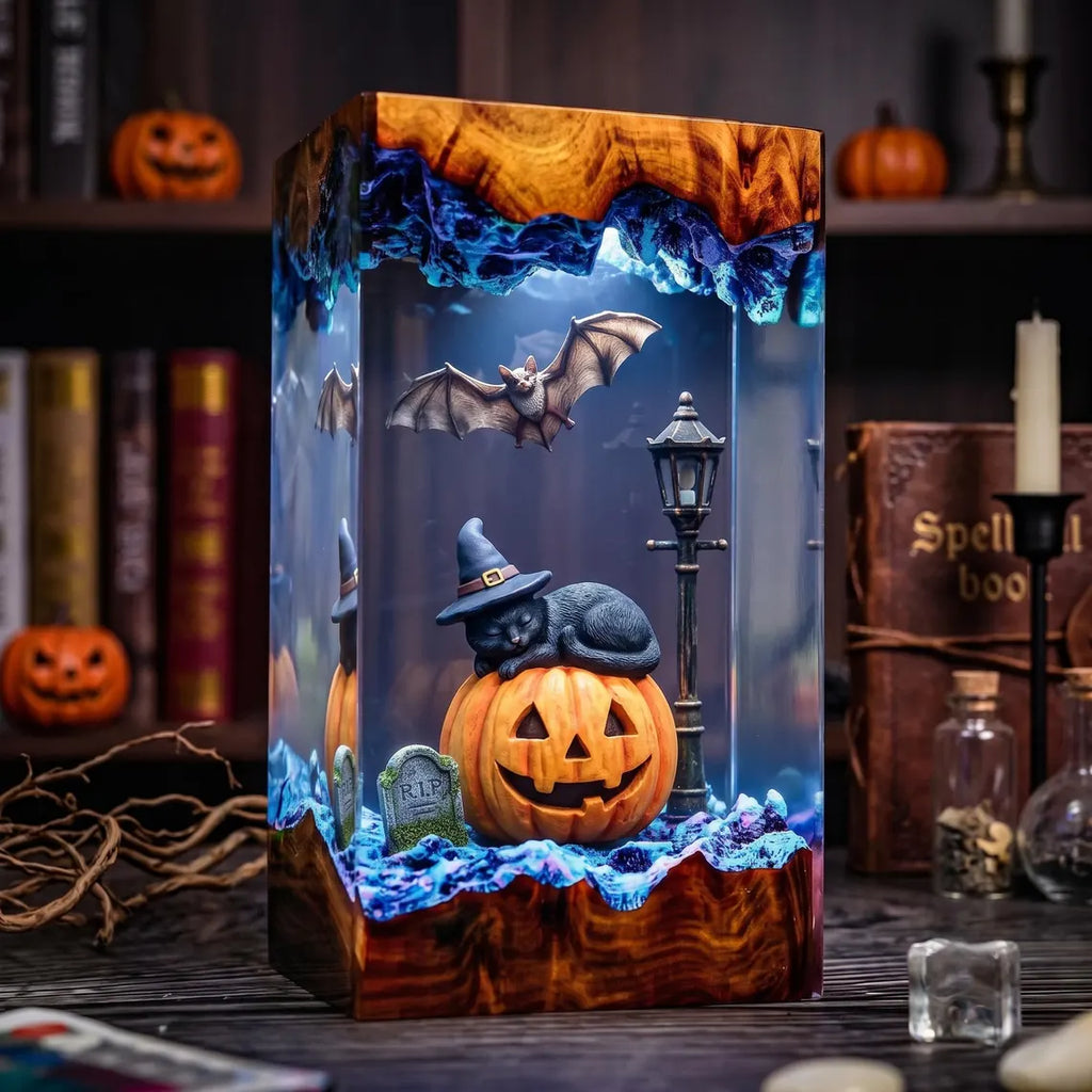 Spooky Black Cat Resin Lamp, Pumpkin Patch Night Light, Halloween Cemetery Decor, Handmade Epoxy Lamp, Fall Animal Fan Gift. RLPETAL05