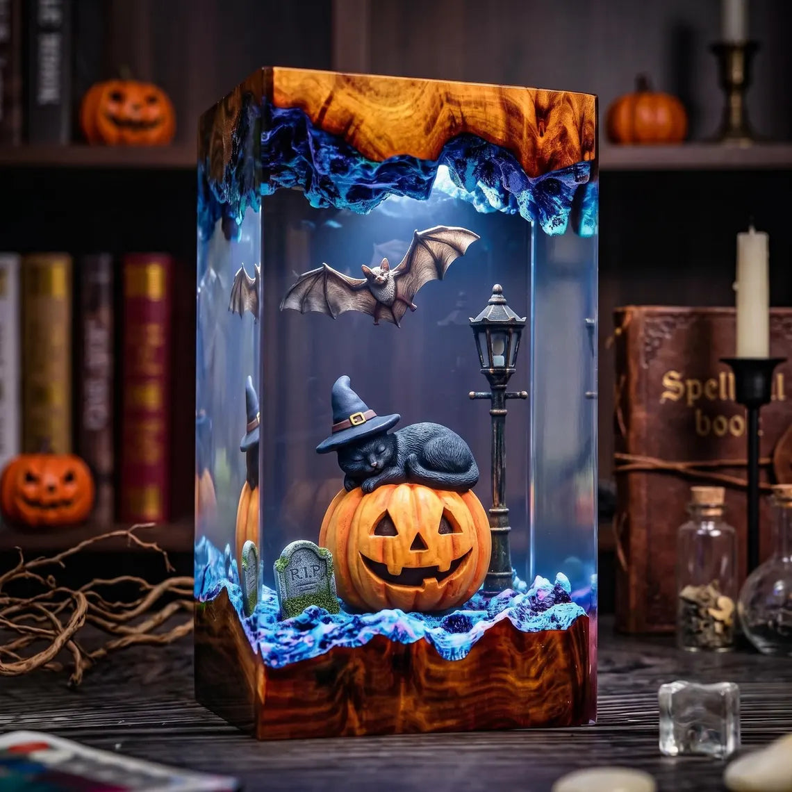 Spooky Black Cat Resin Lamp, Pumpkin Patch Night Light, Halloween Cemetery Decor, Handmade Epoxy Lamp, Fall Animal Fan Gift. RLPETAL05