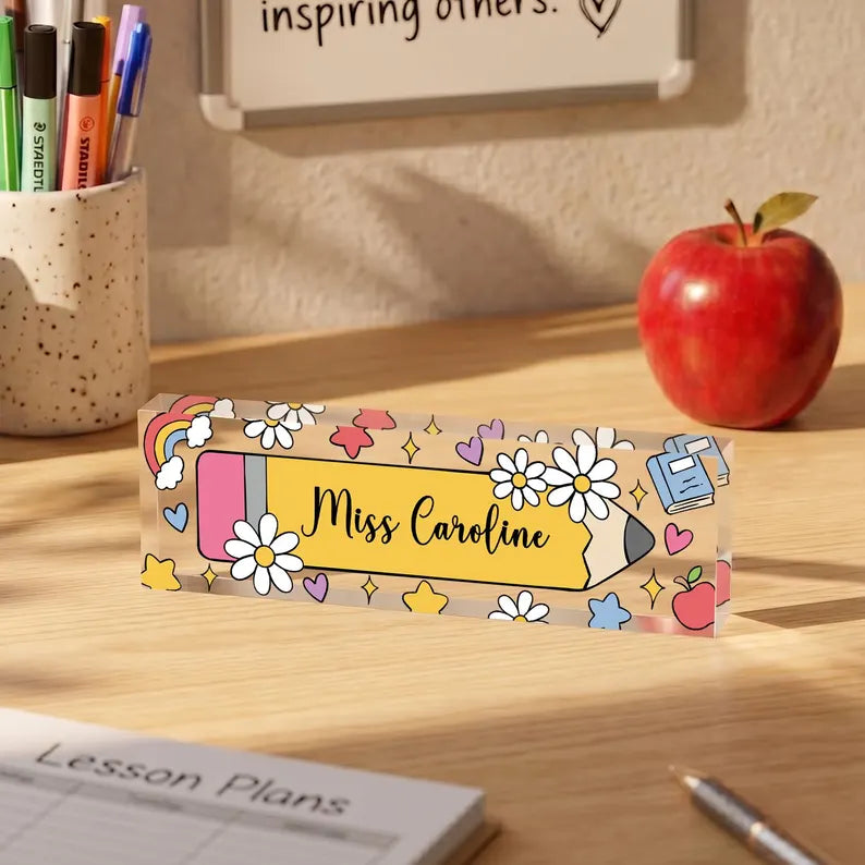 Personalized Teacher Desk Name Plate, Custom Teacher Pencil, Teacher Appreciation Gift, Classroom and Office Decor, Name Plate For Desk. DNPETAL05