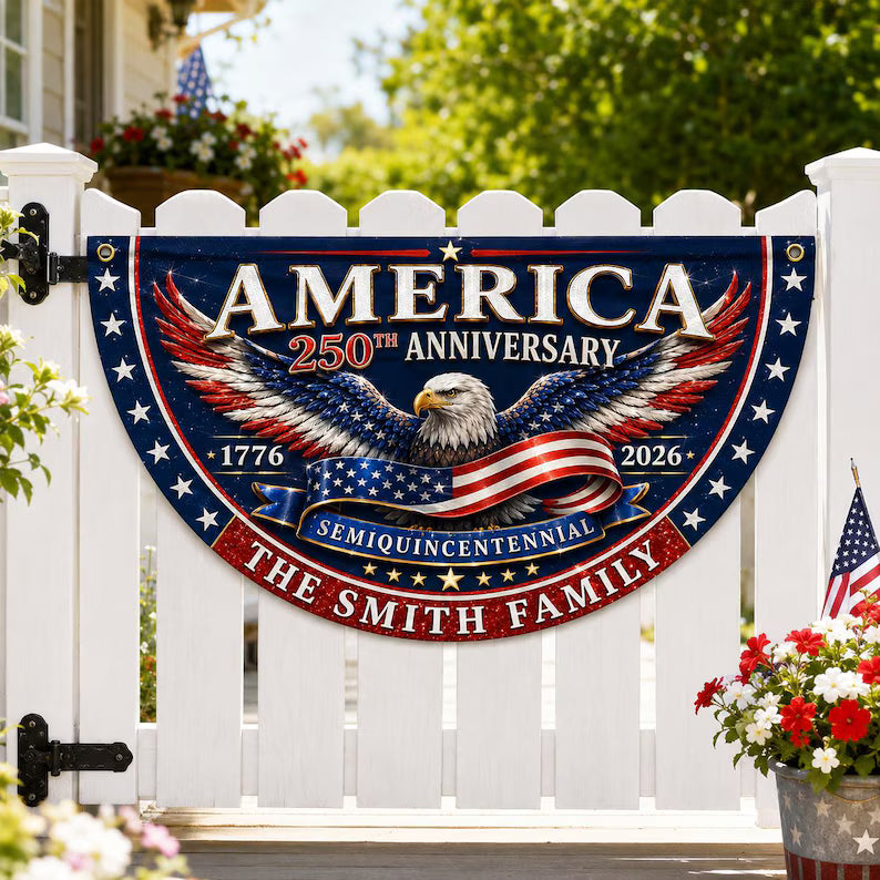 Custom Family Name America 250th Anniversary Fan Flag, 1776-2026 Semiquincentennial Patriotic Eagle Bunting, USA Outdoor Fence Decor. BPETAL10