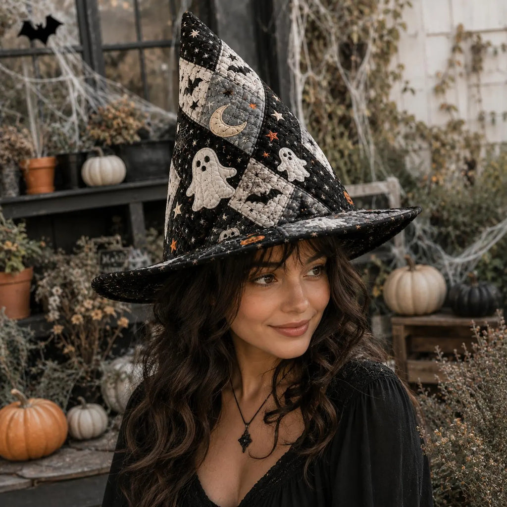 Halloween Quilted Witch Hat, Ghost Patchwork Fabric Hat, Haunted House Wizard Costume, Spooky Gothic Witch Decor, Adult Witch Hat. QWHPETAL19