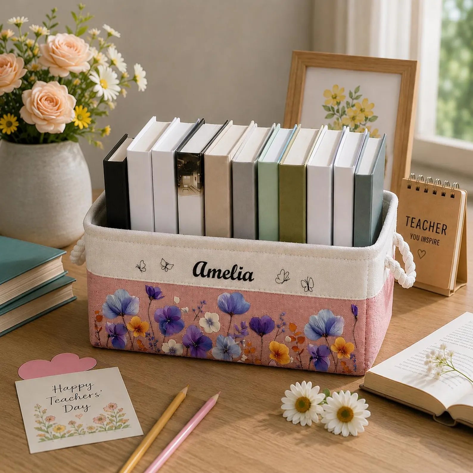 Personalized Birth Month Flower & Name Storage Book Basket, Custom Birth Flower Gift for Her, Wife, Daughter, Sister, Coworker, Reading Gift. BBPETAL6