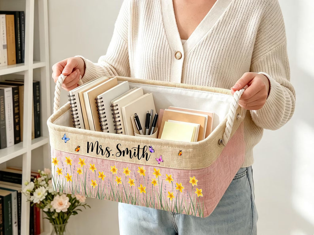 Custom Birth Flower & Name Book Basket For Her, Wife, Daughter, Sister, Coworker, Personalized Storage Basket, Storage Book Holder Gift. BBPETAL7