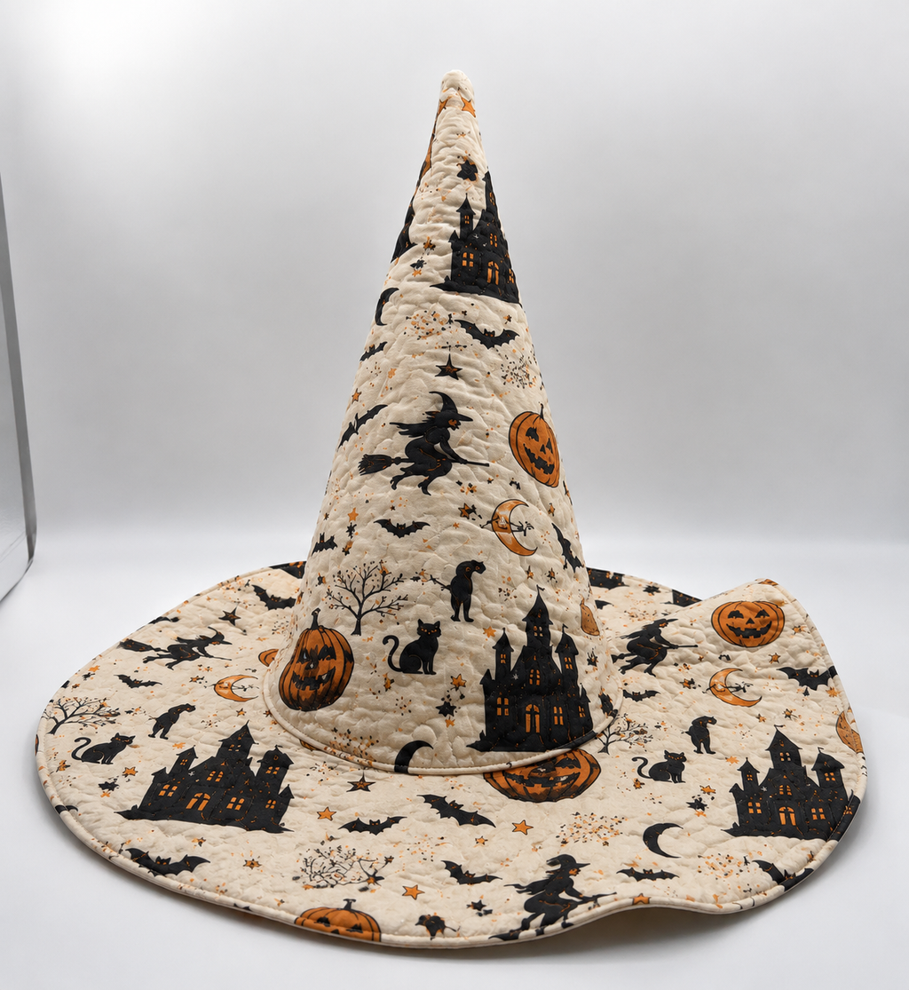 Halloween Quilted Witch Hat for Women – Soft Padded Witch Costume Hat with Pumpkin, Bat & Haunted House Print. QWHPETAL1