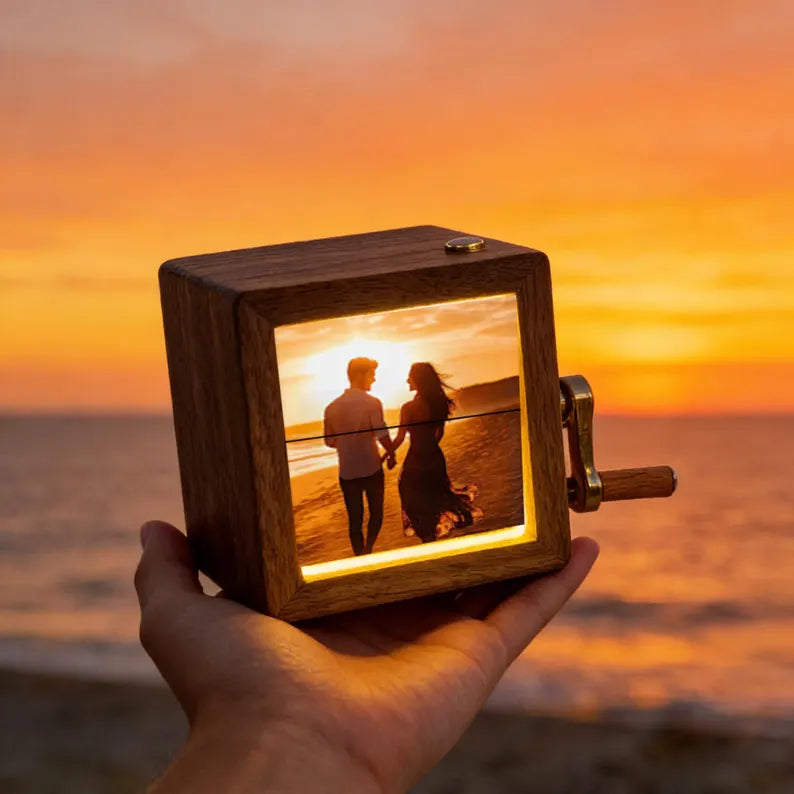 Personalized Wooden Photo Flipbook Animation Box - Custom Crank Picture Book with Light, Unique Anniversary Birthday Wedding Gifts. PBPETAL5