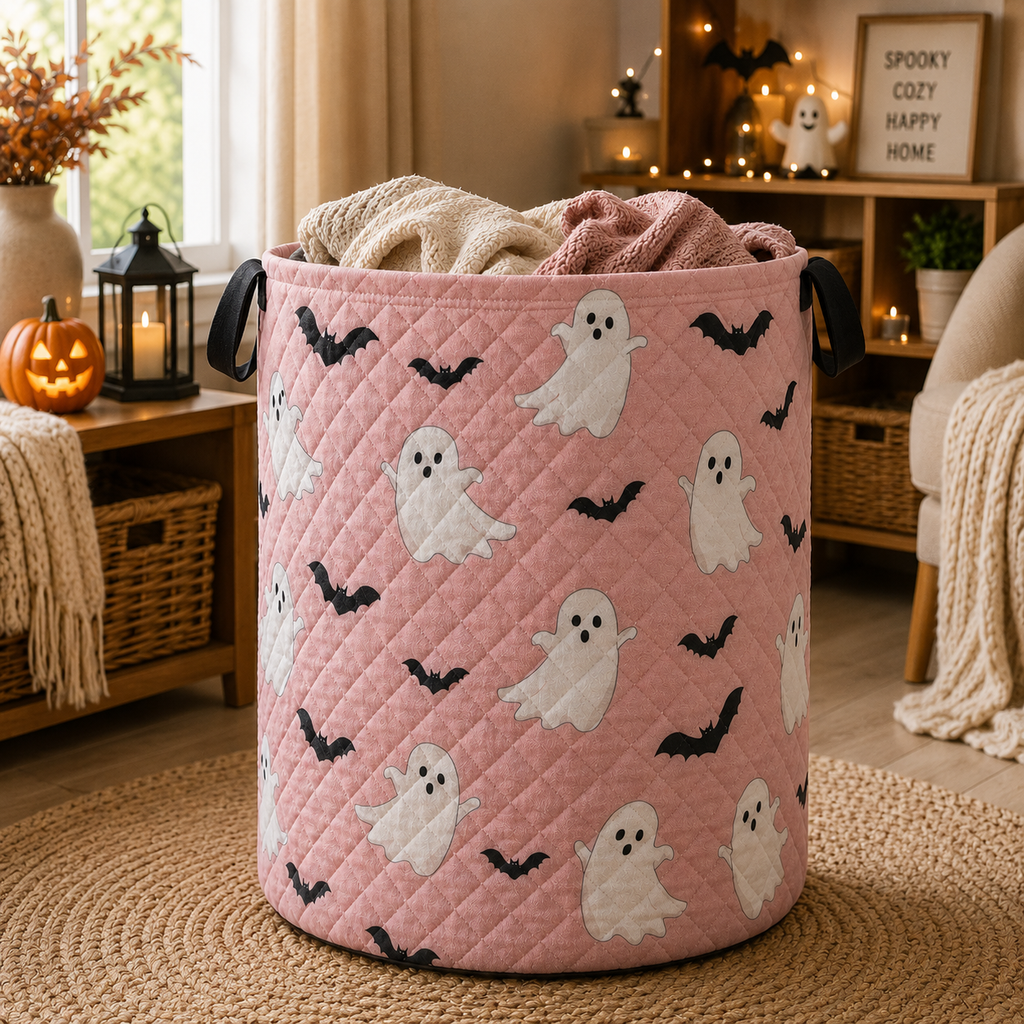 Pink Ghost Bat Quilted Laundry Basket, Halloween Storage Bin, Cute Spooky Blanket Basket, Fall Home Decor Hamper with Handles. HLWLBPETAL16