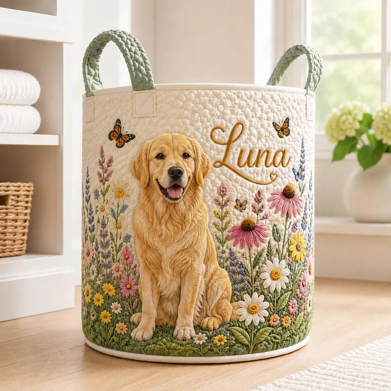 Custom Face Quilted Laundry Basket, Personalized Pet Storage Bin, Dog Photo Basket, Floral Nursery Hamper, Gift For Pet Lover. LBPETAL141