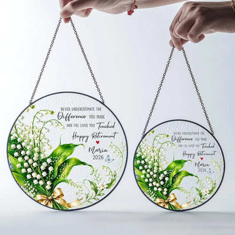 Lily of the Valley Retirement Suncatcher, Custom Teacher Gift, Personalized Window Hanging, Retirement Decor. SUNPETAL13