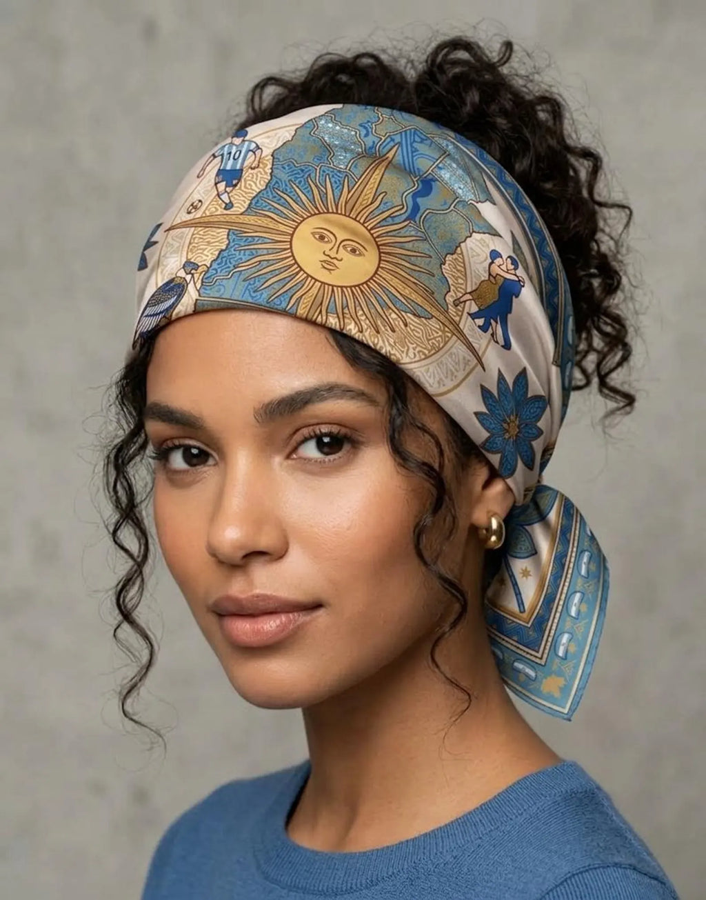 Argentina Satin Scarf, Sol de Mayo Silk Feel Bandana, Argentina Soccer Gift, Tango Dancer Scarf, Blue and Gold Mexican Style Accessory. SSPETAL9