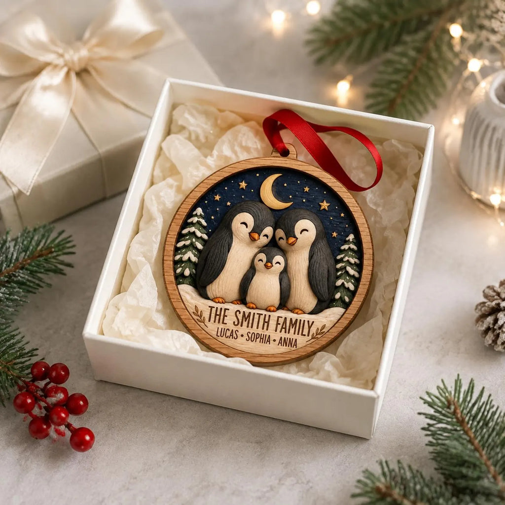 Personalized Penguin Family Wooden Ornament, Custom Family Christmas Ornament, Penguin Christmas Gift, Family Name Keepsake	COPETAL13